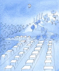 I krigstid snek noen mennesker seg vekk fra en by i mørket for å slutte seg til partisanene i åsene og arbeide for rettferdighet og nederlag for onde erobrere, 2004 (akvarell på papir)