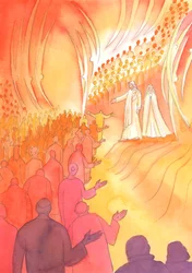 Jesus korsfestet venter ved himmelens port, med sin mor Maria og de hellige engler, 2000 (w/c på papir)