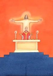 Jesus er tilstede hos oss i messen og ber til Faderen på våre vegne, om hjelp til våre behov og om evig frelse. Vi kan forene alle våre bønner med hans store offerbønn, 2004 (w/c on pa