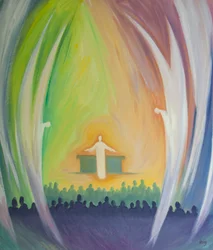 Jesus er virkelig tilstede med oss i messen, tilbedt av englene, 2000 (olje om bord)