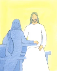 Jesus ble forfrisket og glad ved å sitte sammen med vennene sine i Betania, i en velkommen stillhet, 2004 (w/c på papir)