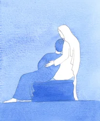 Akkurat som jeg har hvilt i Vår Frues armer hjemme, i bønn, slik har Jesus, som barn, hvilt i hennes armer for lenge siden, 2005 (akvarell på papir)