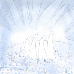 Rensede sjeler går nå på et blomsterteppe, i glede og enkelhet, frigjort fra all kynisme og hardhjertethet., 2001 (w/c på papir)
