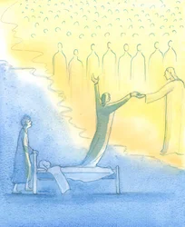 Den hellige sjel som er klar for himmelen møtes ikke bare av Kristus, men også av hans hellige mor og alle de hellige, 2003 (w/c på papir)