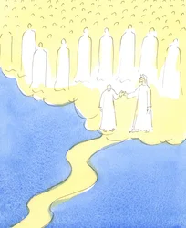 Den velsignede sjelen som har holdt ut til enden, i kjærlighet til Kristus og hennes neste, blir ledet av Kristus, for å møte de himmelske vennene som er samlet for å ønske henne velkommen i deres selskap, 2004