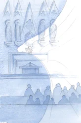Hele kirkebygningen myldrer av engler; vi børster dem i hvert øyeblikk., 2001 (w/c på papir)