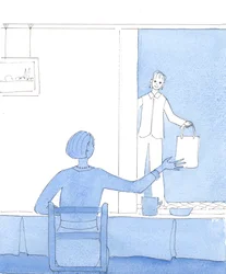De som liker visjoner, men er fornøyde med å klare seg uten dem, er som husmødre som elsker å se en besøkende for kaffe og en prat, men som er fornøyde med å fortsette med sine vanlige gjøremål, 2004 (akvarell på papir)