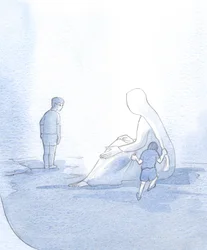 For å illustrere vårt forhold til Mary, så jeg et lite barn som rykket støyende, men likevel mottatt trøst; det andre barnet, stolt og lite tillitsfullt, holdt avstand, så manglet hennes hjelp., 2001 (w/c på papiret)