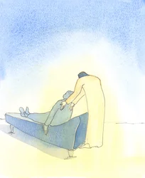 Når vi er syke, og Kristus kommer til oss i nattverden, er det som om han insisterer på å hjelpe oss å legge oss på en sofa, 2003 (w/c på papir)
