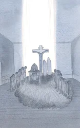Når vi deltar og ofrer det ene, fryktinngytende offeret, finner vi Golgata, her ved alteret., 2001 (w/c på papir)