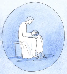 Når vi omvender oss fra våre synder, ser Jesus Kristus på oss med ømhet akkurat som når en mor omfavner barnet sitt, 2001 (w/c på papir)