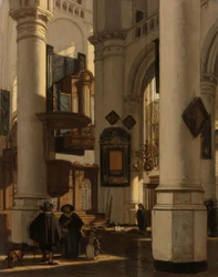 Interiør i en protestantisk, gotisk kirke, med en graver i koret Interiør i en protestantisk gotisk kirke med motiver fra de gamle og nye kirkene i Amsterdam