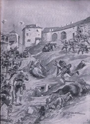 Aschaffenberg 2. bayerske jegerbataljon ved Lagarde august 1914, fra puben The Illustrated History of the World War 1914-1915. av Union Berlagsefellfchaft