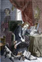 Portrett av den franske forfatteren Paul Scarron (1610-1660) forfatter av burleske komedier, han er representert på en ugyldig stol, hans kone Francoise d