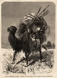 En mongolsk emigrantkamel, som bærer proviant, diverse redskaper, tepper, tepper og tre av teltrammen, samt små barn i hengende kurver. Tegning av Emile Bayard (1837-1891), for å illustrere reisen fra Shanghai til Moskva, fra 1859 t.