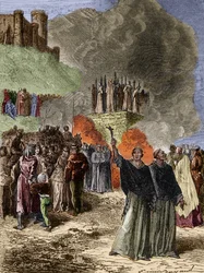 Crusade against the Albigeois - The last defenseurs of Montsegur (Cathare) burned on the butcher in 1244 - Engraving by Emile Bayard after G. Burgun