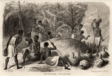 Degustering av pomben (alkoholholdig drikk ved gjæring), i Karague (vest for Victoriasjøen, i dagens Zimbabwe), tegning av Emile Bayard (1837-1891), som illustrerer kaptein Spekes oppdagelsesreise i Afrika fra 1860 til 1863. Gravering i
