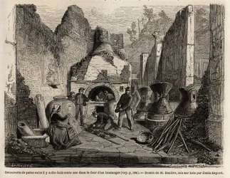 Oppdaget av en bakerovn og bevart brød i aske under utgravningene i 1864 i Pompei, tegning av Emile Bayard (1837-1891), for å illustrere Marc Monniers tekst (1829-1885) "" Pompei og Pompeierne"". Gravering i "" Le tour du monde"", redigert av