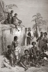 Hawaii-kongen Kamehameha I og hans krigere, illustrasjon fra 