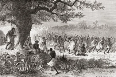 Henry Morton Stanley ser på Vouagogos-stammen forberede seg til kamp under sin ekspedisjon i 1871, illustrasjon fra 