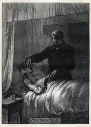 Jean Valjean Closes the Eyes of Dead Fantine - Illustrasjon av Emile Bayard (1837-1891) for "The Miserables - First Part: Fantine" av Victor Hugo (1802-1885) 1862