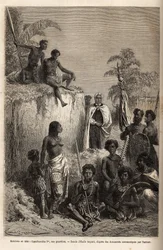 Kamehameha I (ca. 1758-1819), konge av Hawaii-øyene og grunnlegger av deres enhet, omringet hawaiiske krigere og noen undersåtter i Honolulu, gravert etter tegningen av Emile Bayard, som illustrerer reisen til Sandwichøyene, i 1855-69 , av C