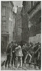 Les Affiches - illustrasjon fra A Crime Story, 1800-tallet (bw-gravering)