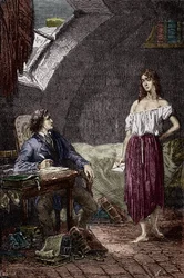 Marius og Eponine, eldre datter av Thenardiers og forelsket i Marius Illustrasjon av romanen "Les Miserables" av Victor Hugo (1802-1885) Illustrasjon av Emile Bayard - (Eponine Thenardier (Jondrette-jente) og Marius) Gravering Privat samling