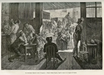 Mor Careys drukkenskapssalmesangere samlet seg ved inngangen til en whiskybar i Ohio for å bekjempe alkoholismens oppblomstring. Emile Bayards tegning for å illustrere historien La conquete blanche, av William Hepworth Dixon, i 1875, publisert i "Le tour d