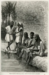 Svarte menn og kvinner fra Sahara ved bredden av Oued Rir. Stikk av E. Bayard som illustrasjon til Det algeriske Sahara av V. Largeau, 1874-1878, utgitt i Le Tour du monde under ledelse av Édouard Charton (1807-1890)