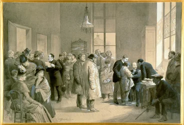 Pasienter bitt av rabieshunder blir vaksinert mot hydrofobi ved laboratoriet til École Normale i Paris.