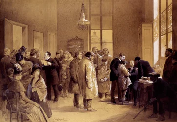 Vaksinasjon mot rabies: Louis Pasteur (1822-1895) henvendte seg til beundrerne mens dr. Gaucher vaksinerte et russisk barn, Joseph Meister, mot rabies den 6/07/1885 i et laboratorium i Rue d