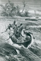 Stanley overvinner strykene ved Kongo-elven, tegnet av Emile Bayard