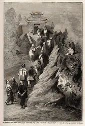 The Way of Heaven, tegning av E.Bayard, basert på et maleri fra en pagode til Tien Tsin, som illustrerer reisen fra Shanghai til Moskva, fra 1859 til 1862, av M.de Bourboulon, Frankrikes minister i Kina. Gravering i "" Le tour du monde"", redigert av Edou