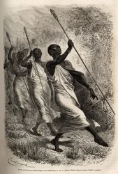 Ankomsten av Kabba Rega, kongen av Ounyoro (østlige Sudan) og høvdingene for hoffet hans, til Sir Bakers leir for et offisielt besøk, gravert etter en tegning av Emile Bayard, som illustrerer en ekspedisjon i Sentral-Afrika, for undertrykkelse av svart