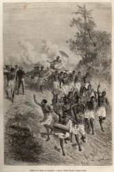 Kortegen til Cassemmbes kone går foran Livingstone som hilser henne, gravert etter en tegning av Emile Bayard, som illustrerer David Livingstones siste dagbok (1813-1873), i 1866-1873, publisert i "" Le tour du monde"" 1875, redigert av Edouard Charton,