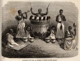 Hoforkesteret, i Karague (vest for Victoriasjøen, dagens Zimbabwe), tegning av Emile Bayard (1837-1891), som illustrerer kaptein Spekes oppdagelsesreise i Afrika fra 1860 til 1863. Gravering i «» Le tour du monde ””, redigert av Edouard Char