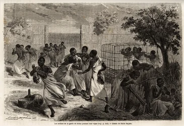Måltidet til soldatene til vaktholdet til kongen av Uganda, M'Tesa, tegning av Emile Bayard (1837-1891), som illustrerer kaptein Spekes oppdagelsesreise i Afrika fra 1860 til 1863. Gravering i "" Le tour du monde" ”, redigert av Edouard 