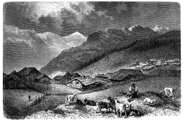 Landsby i Alpene. Murren, i Berner Oberland, høyde 1630 meter. Hyrde som holder sin flokk med geiter og sauer (sauer). Illustrasjon av Emile Bayard for Albert Dupaignes bok «Les Montagnes», utgave Mame 1881.