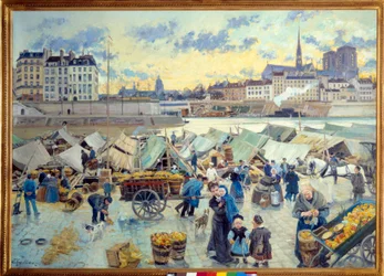 Eplemarkedet på kaien til Hôtel de Ville, Paris. Maleri av Emile Guillier (1849-1883)