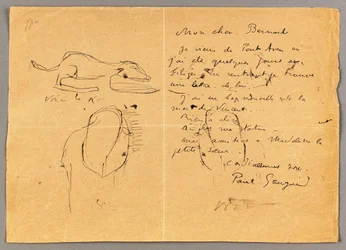 Brev til Emile Bernard med tre blekkskisser, som bemerker døden til "Vincent", Tahiti, 1890-tallet