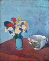 Vase med blomster og kopp - Maleri av Emile Bernard (1868-1941), olje på lerret
