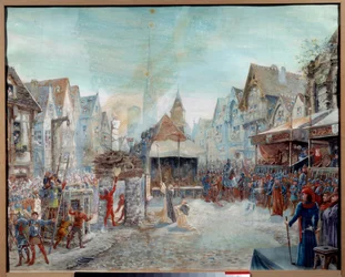 Hundreårskrig: "" Jeanne d'Arc (1412-1431) ledes på slakteren"" (Place du Vieux-Marche i Rouen). Maleri av Emile Deshays (1875-1946) 1901. Søn. 0,73x0,6 m Rouen, Musee des Beaux Arts OBS! Bruk av dette verket kan være underlagt en t