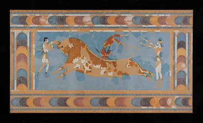 Maleri av den restaurerte Taureador Fresco fra Palace of Minos på Knossos (Evans Fresco Drawing N/4)