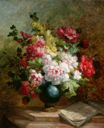 Stilleben med blomster og noter
