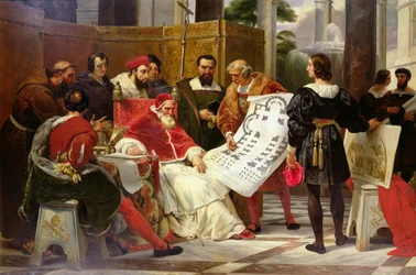 Pave Julius II beordrer Bramante, Michelangelo og Rafael til å bygge Vatikanet og Peterskirken, 1827 (detalj fra 157491)