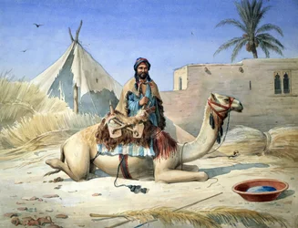 En beduin ved siden av kamelen sin, sannsynligvis i Egypt#39;, ca. 1836–1843. Akvarell. Emile Prisse d#39;Avennes (1807–1879) Fransk arkitekt, ingeniør og orientalist.