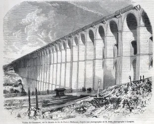 Chaumont Viaduct på jernbanen fra Paris til Mulhouse. Gravering etter skisse av Ralph i "" The Illustrous World"", 09/05/1857. Privat samling.