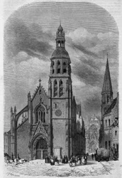 Utvendig utsikt over kirken Saint Martin (1400-1500-tallet) i Vendome, Loir og Cher (41), før den ble revet i 1857. Gravering av Therond I "" Le Magasin Picturesque""