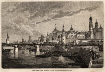 Generelt bilde av Moskva, hentet fra Moskowa, tegning av Therond, for å illustrere reisen fra Shanghai til Moskva, fra 1859 til 1862, til M. de Bourboulon, Frankrikes minister til Kina. Gravering i "" Le tour du monde"", redigert av Edouard Charton